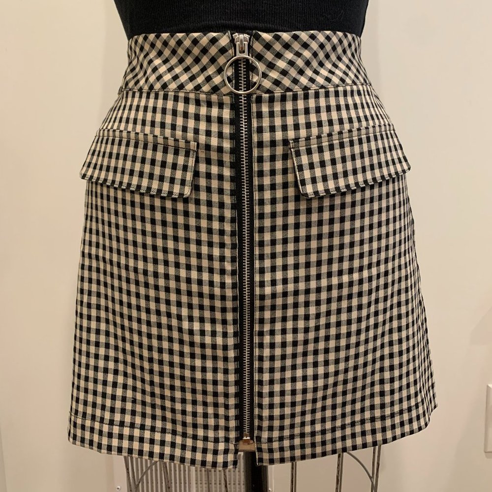 UO Plaid Black/Cream Zip-Up Bodycon Skirt (M/L)